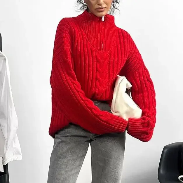 Sweater rajut wanita, Turtleneck Jacquard ritsleting merah musim gugur musim dingin, Pullover rajut elastis, Jumper tebal longgar hangat Y2k