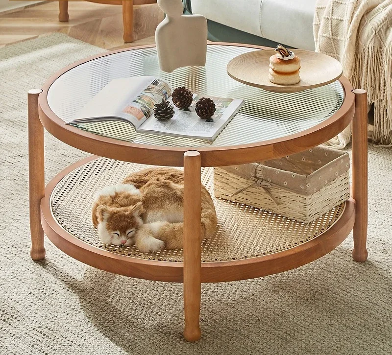 Japanese-style solid wood rattan coffee table glass low round table small apartment simple wabi sabi sofa side table