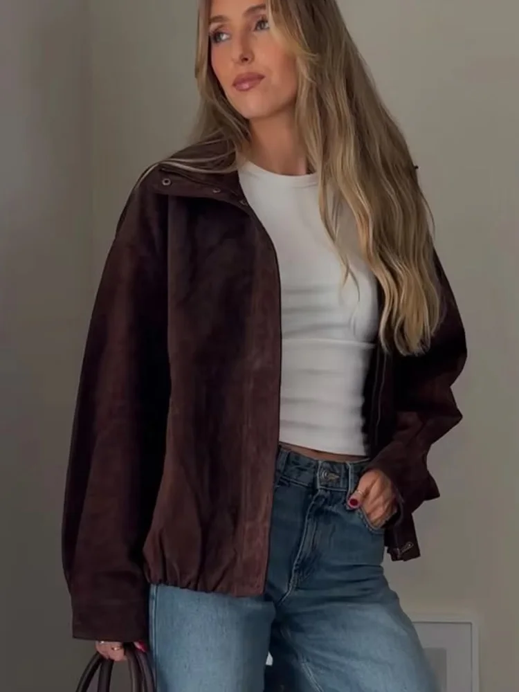 HH Autumn Woman High Collar Zipper Pocket Design Long Sleeves Short Jackets Women Fashion Loose Street Style Casual Coats