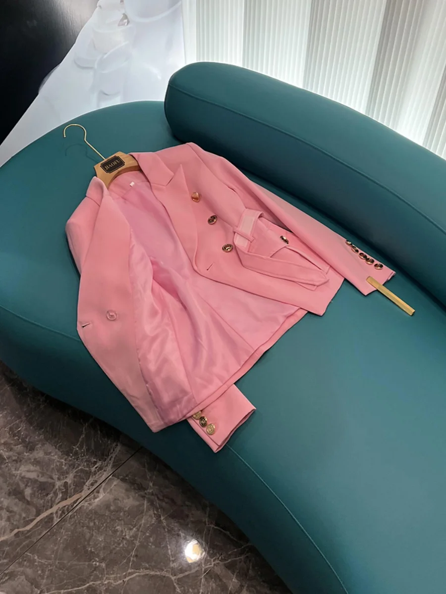 Ele ort Pink Suit Jaet Women's Faion High Quali Belted Waist Design Commute Sle Long Sve Button Detail