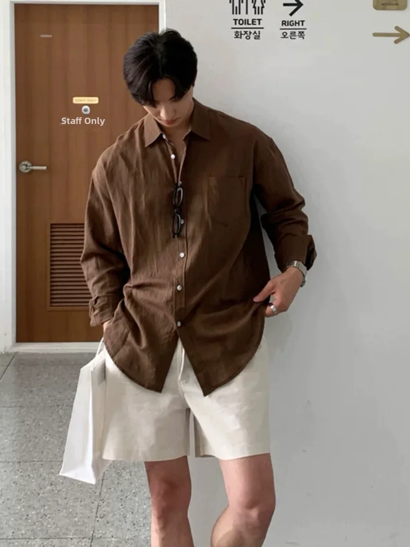 

Lightweight Breathable Cotton Linen Men's Long Sve irt Casual Loose Fit Summer Sun Protection Coffee Color Busin Casual