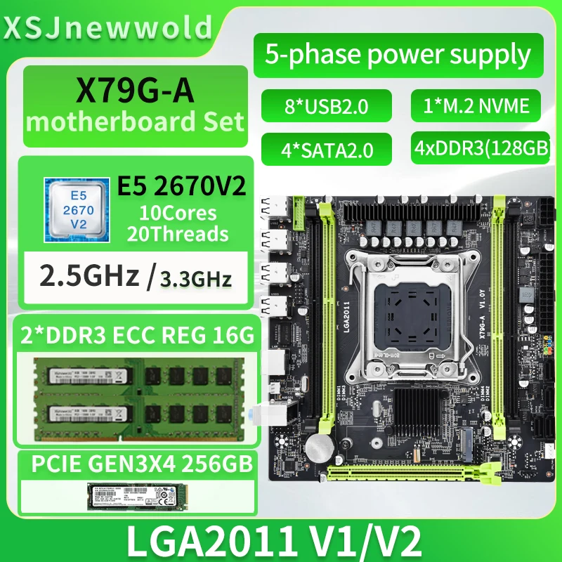 

JINGSHA X79G-A Motherboard Kit with E5 2670V2 Processor DDR3 2*16G=32GB Dual Channels 256GB NVME SSD LGA2011 M.2 SATA 3.0 Kit