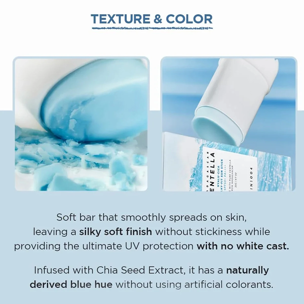 Stick solaire soyeux SKIN1004 Madagascar Centella Hyalu-Cica SPF50+ PA++++, protection solaire toute