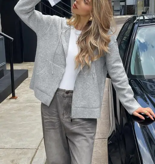 

Women Vacation Grey Long Sleeve Zipper Jacket Hoodie 2025 Autumn & Winter Women's Daily Clothing Female Fashion Hooded Coat