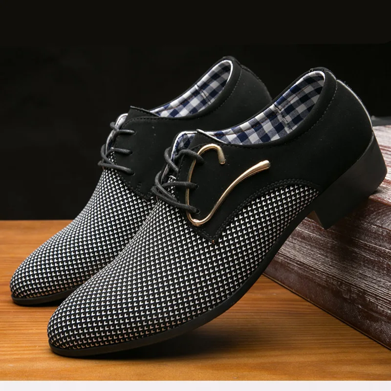 Casual Leather Shoes Men Business Dress Pointy Plaid Black Shoes Breathable Formal Wedding Basic Shoes Men 2023 Autumn Loafers48