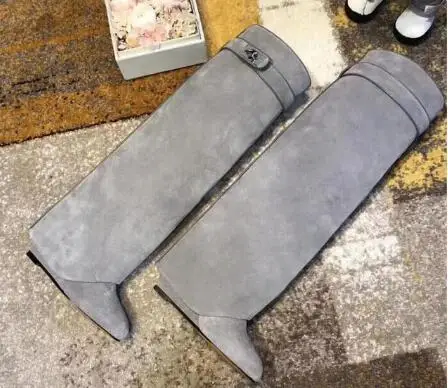 NONE Silber Metall Shark lock Kniehohe Stiefel Frauen Spitz Echt Leder Keil Erhöhen Höhe Hohe Ferse Schuhe Frau Botines Mujer 4