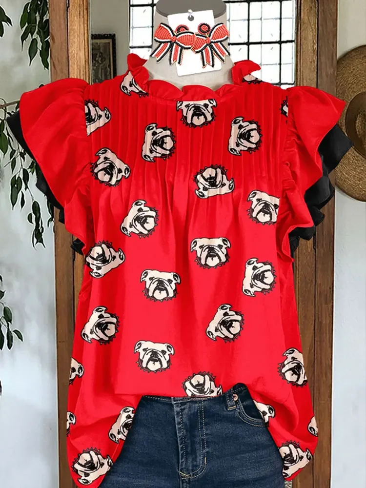 

Red Black Bulldog Gameday Ruffled Sleeve Paneled Pleated Top Women Blouse