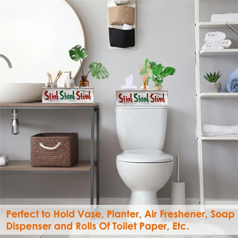 2 piezas de madera Stink Stank Stunk decoración del baño, Stink Stank Stunk Decor, Stink Stank Stunk decoración del baño caja de papel higiénico