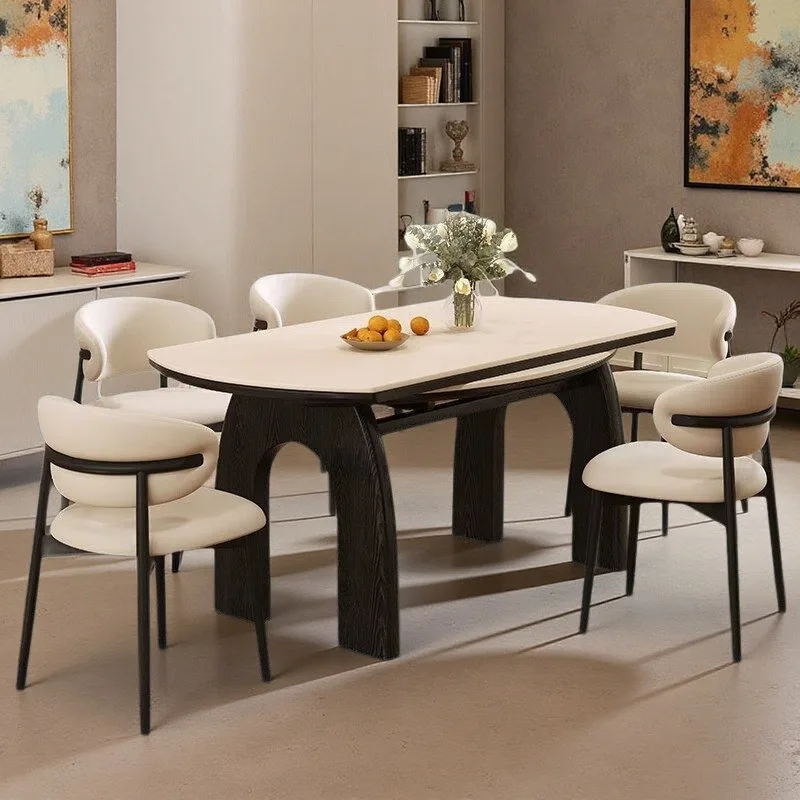 Log wabi sandy wind retractable dining table variable round table Nordic small apartment folding dual-purpose rock slab
