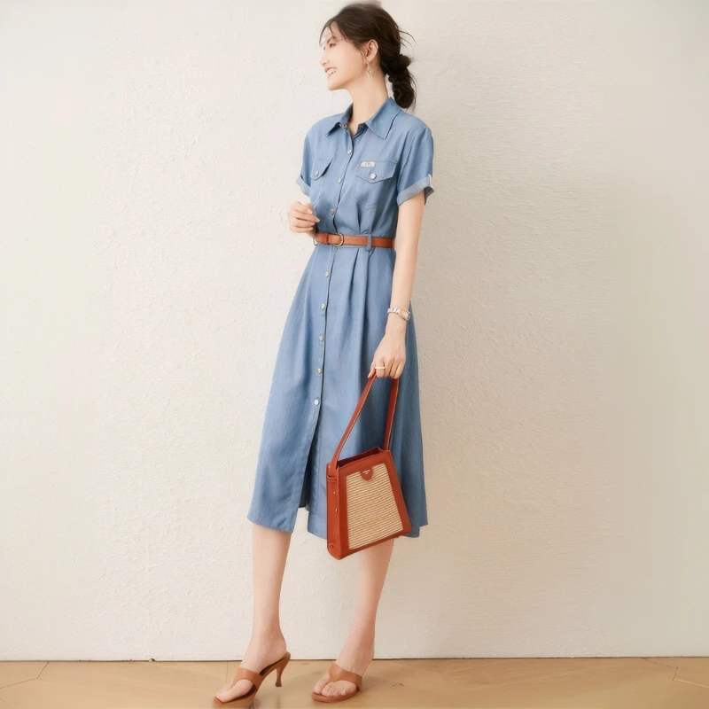 ล้างเสื้อยีนส์ชุดวินเทจผู้หญิง 2025 ฤดูร้อนหญิงเสื้อผ้าบางแขนสั้นชุดฤดูร้อนความยาวกลางชุดสําหรับผู้หญิง
