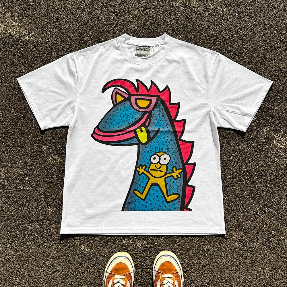 Heavyweight 260G Cute Dinosaur Graffiti Design Tshirt Couple Matching Short Sleeve T-shirts Cotton Youth Summer Fashion