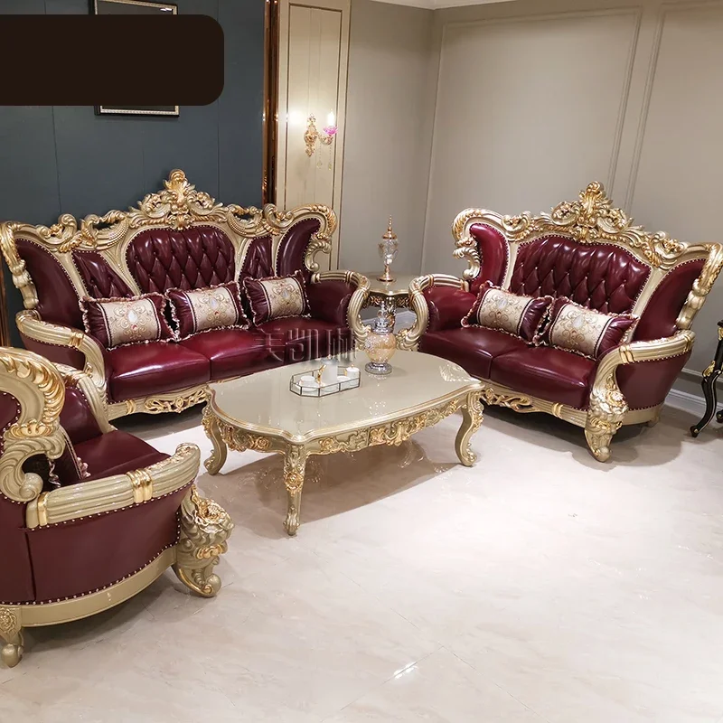 New European-style Leather Sofa 123 Combination Living Room Luxury Solid Carved High-end Champagne Gold Foil Couch Furniture