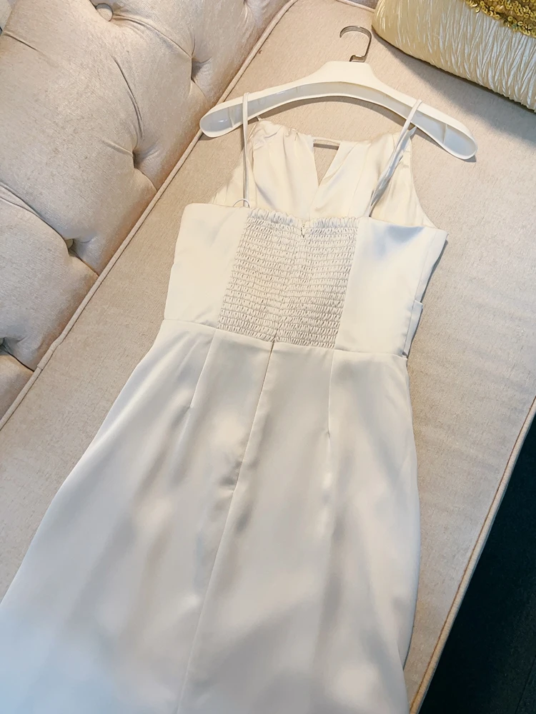 فستان أنيق مفرغ من الساتان الأبيض بدون أكمام بتصميم ملفوف على الخصر على الطراز الفرنسي فستان طويل للنساء في منتصف العشرينات #2