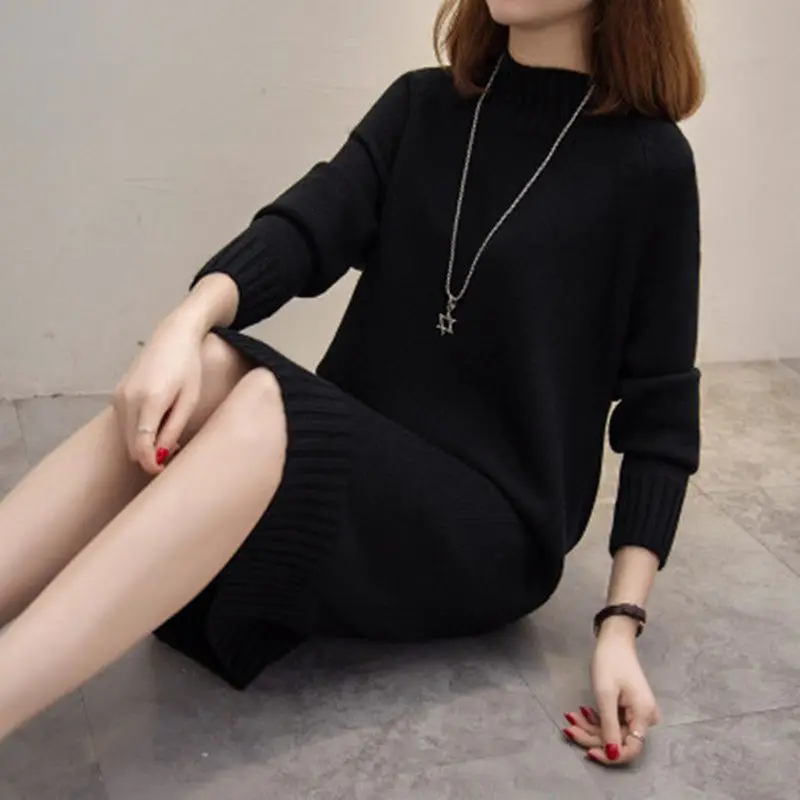 Black Knit Clothing Midi Female Dress Women's Dresses Crochet Knee Length Turtleneck Cover Up Trend Goth Casual 2000s Designer M