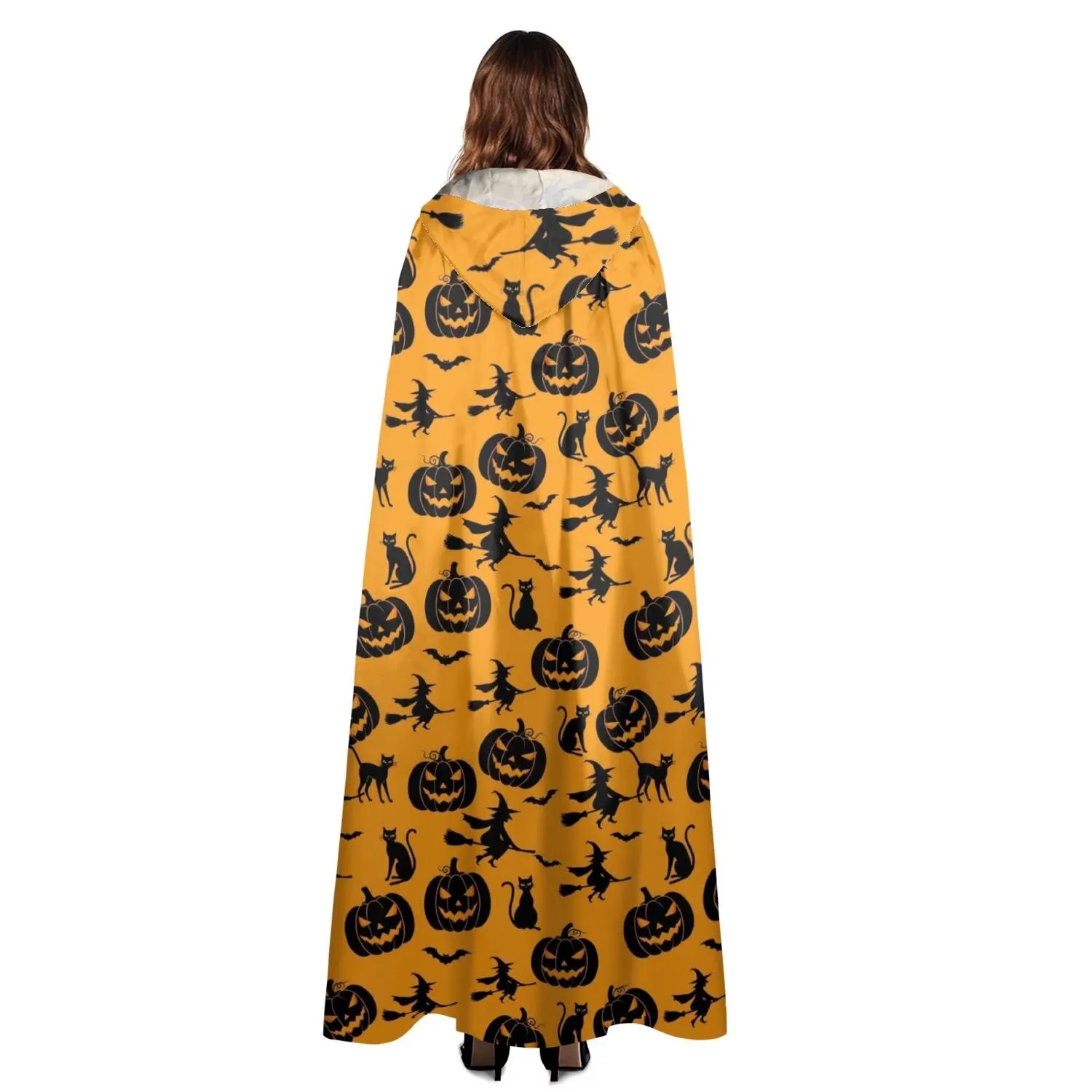 Halloween Witch Black Cat Pattern Hooded Cloak for Adults, Halloween Costume Cape for Women Men