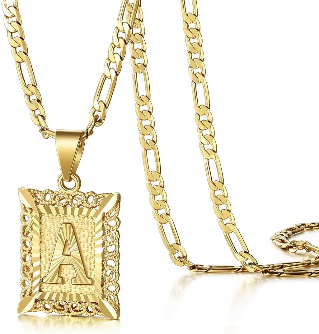 Initial Letter Pendant Necklace for Couples, 14K Gold Plated Capital Monogram Necklace Alphabets from A-Z Figaro Chain Jewelry