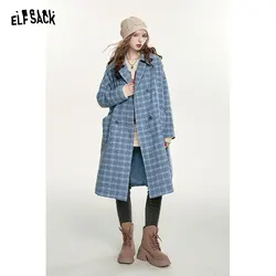 ELFSACK Blue Vintage Plaid Coats Women 2023 Autumn/Winter Academic Style Mid-length Outwears