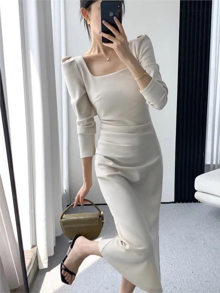 Elegant Long Sleeve Midi Dresses for Women Square Collar Slim Waist Bodycon Split Dress Autumn New Solid Office Lady Vestidos