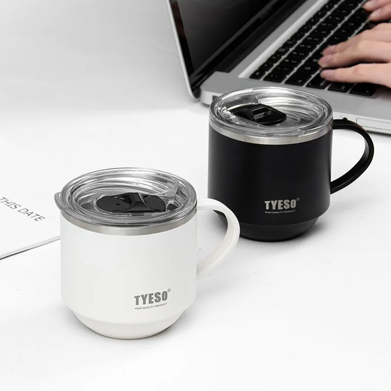 TYESO 304 Stainless Steel Thermos Cups with Handle and Clear Lid Coffee Mug Keeps Cold and Heat Portable Home Office Water Cups