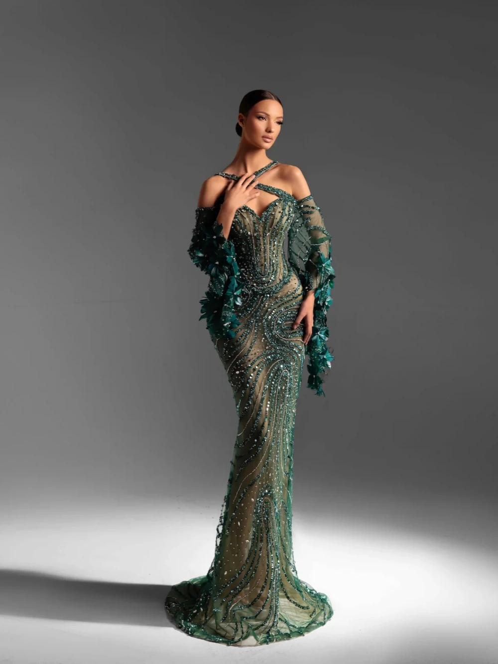 Dazzling Green Beaded Mermaid Evening Dress For Women Illusion Off Shoulder Wedding Party Gown Customized Graceful Prom Dresses