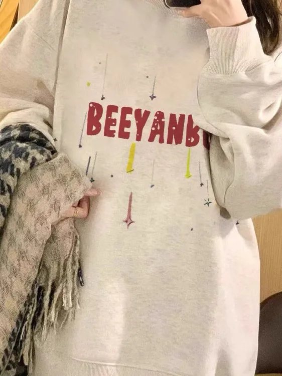 Sweat-shirt en coton de haute qualité pour femme, vêtement de sport amusant, doux, en peluche, vintage, blocage des broderies, col rond rayé, Y2K