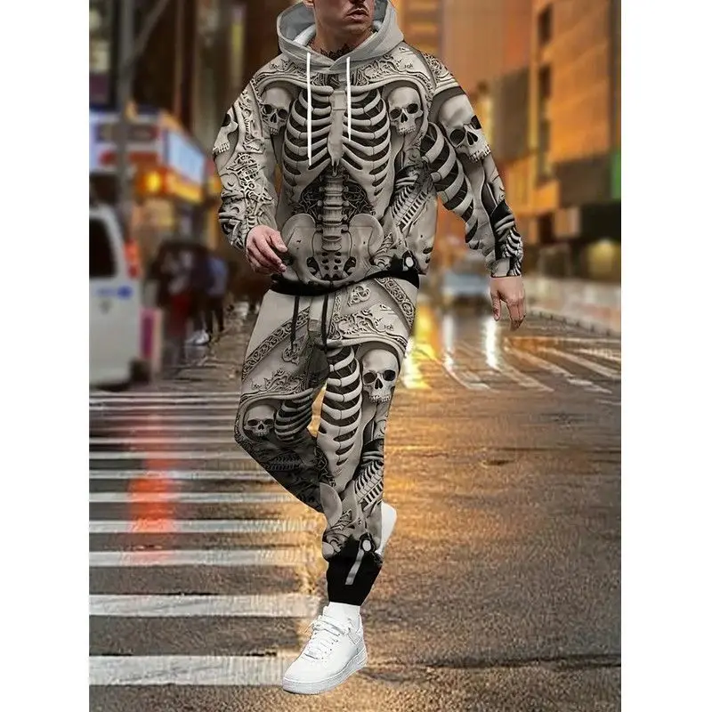 A trendy and fashionable sportswear set featuring a 3d printed skull skeleton hooded sweatshirt and long pants for men in 2025
