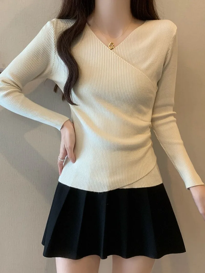 Sweet Hot Girl Irregular Cross V-neck Sweater Women's Autumn and Winter Slim Fit Knitted Pullover Fashion Female Clothes