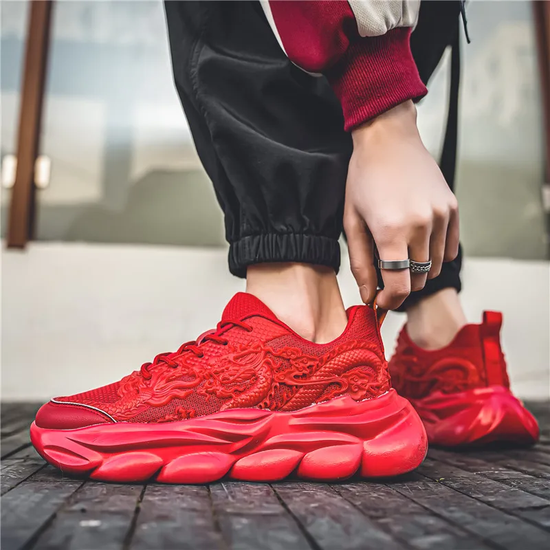 Brand China Dragon Casual Sneakers Men High-quality Red Running Shoes Design Print Mens Platform Sneakers Mesh Breathable Shoes