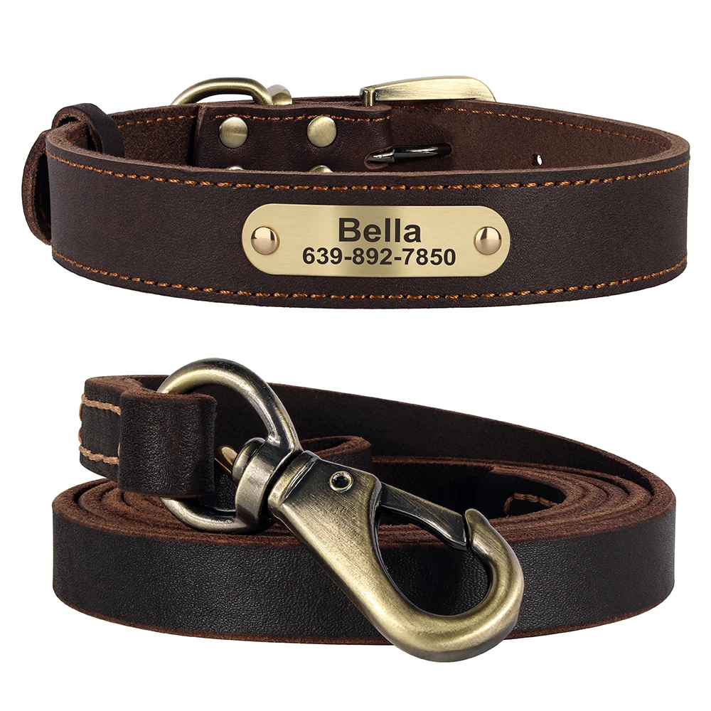 

Real Leather Dog Collar Leash Set Personalized Pet Collar With Leash Free Engraving Nameplate For Small Medium Large Dogs