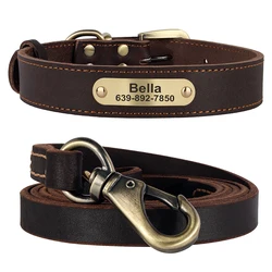 Real Leather Dog Collar Leash Set Personalized Pet Collar With Leash Free Engraving Nameplate For Small Medium Large Dogs