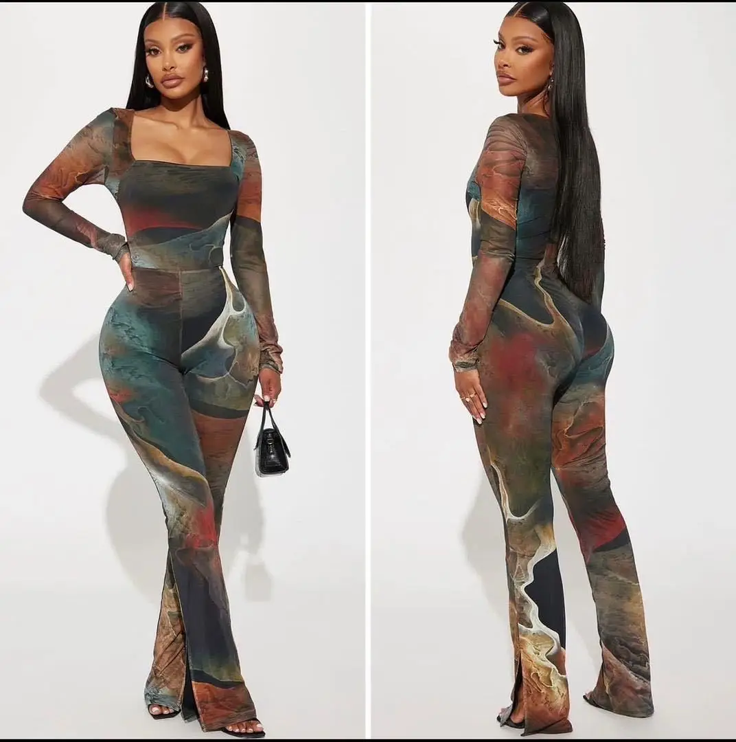 

Y6030 Sexy See Through Mesh Jumpsuit Women Tie Dye Print Back Zipper Square Neck Flared Jumpsuit