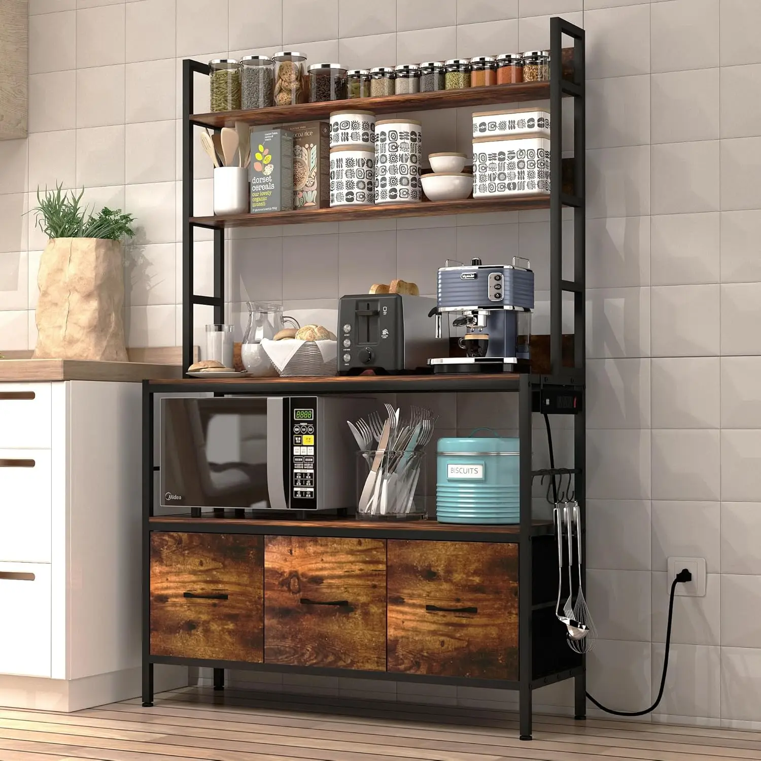 

5-Tier Free Standing Bakers Ra With Power Outlet, Metal Kitchen Storage Shelf Organizer With Hooks And Baskets, Industrial