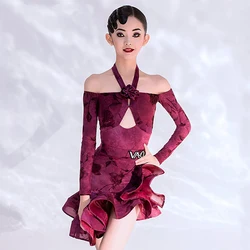Kids Latin Dance Costume Girls Off Shoulder Red Long Sleeves Suit Performance Clothes Cha Cha Rumba Dance Practice Dress BL13572