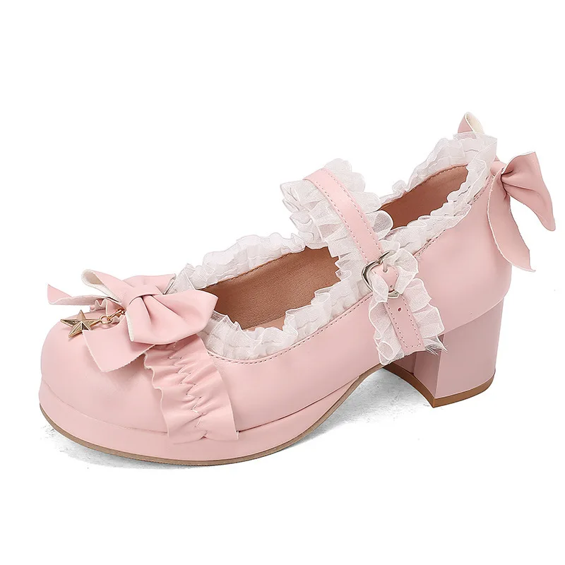 Sweet Bow Lace Ruffle Mid Block Heel Pumps Platform British Academy Style Lolita Women Dress Shoes