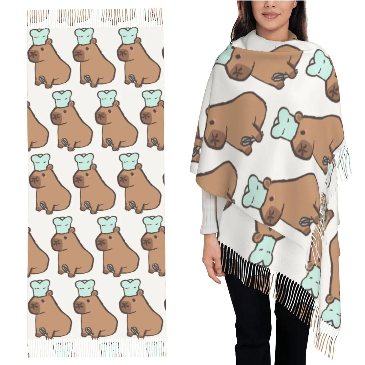 

Шарф с капибарой шеф-повара, шарфы с кисточками, женские мягкие теплые шали и накидки, длинная осенне-зимняя шаль