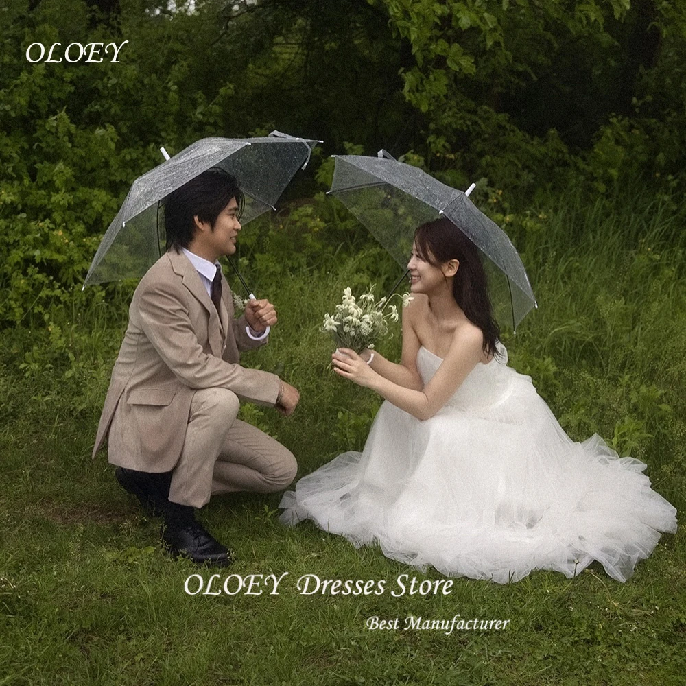 

OLOEY Simple A Line Tiered Tulle Ivory Wedding Dresses Photoshoot Korea Straps Pleat Bride Gowns Corset Back Customized 웨딩드레스