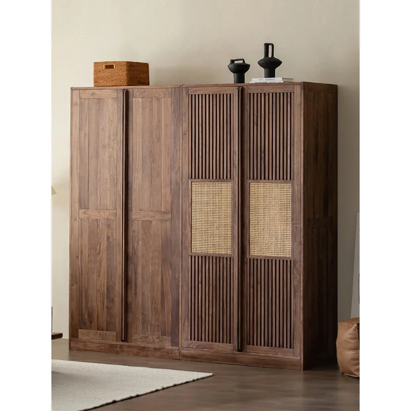 Nordic Japanese black walnut swing door wardrobe cherry wood solid wood grille rattan sliding door wardrobe