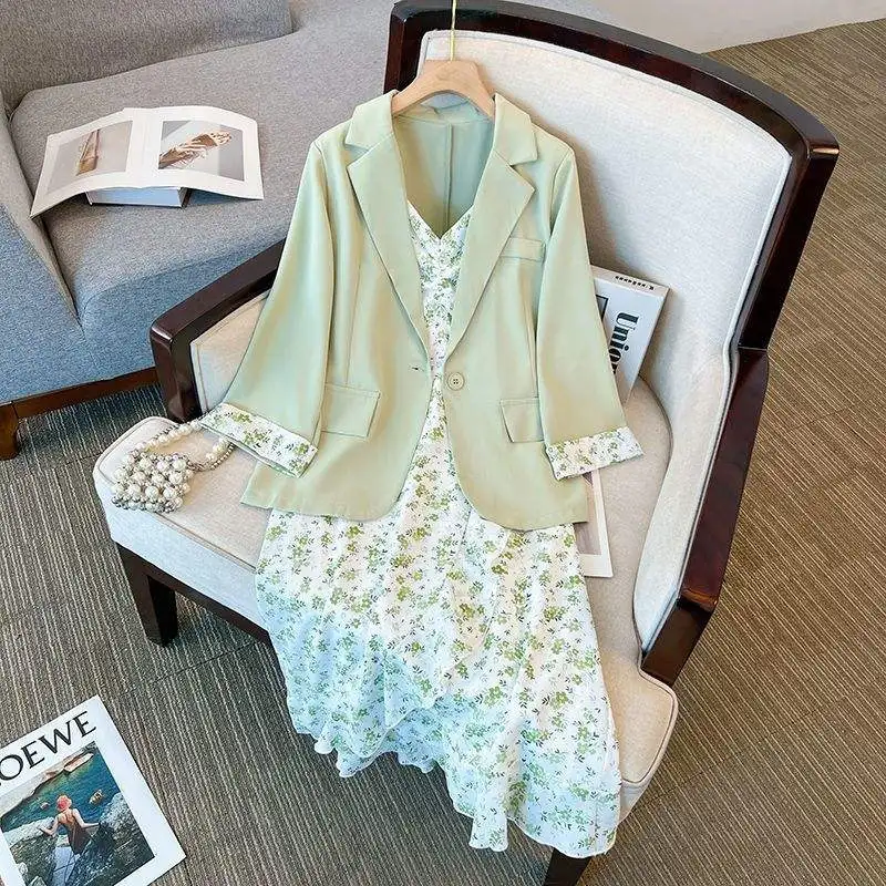 

Костюм больших размеров: комплект из двух предметов для женщин, весна-лето, шифоновая юбка с цветочным принтом на бретелях, модный ансамбль с длинными рукавами