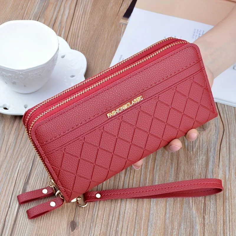 Rhombus Embossed Long Wallet, Double Zipper Clutch Coin Purse, Wristlet Mobile Phone Bag With Multi Card Slots