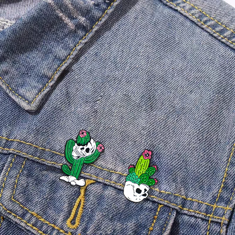 4Styles Punk Skull Cactus Enamel Brooches Statement Green Plant Skeleton Head Potted Pins For Backpack Bag Hat Jewlery