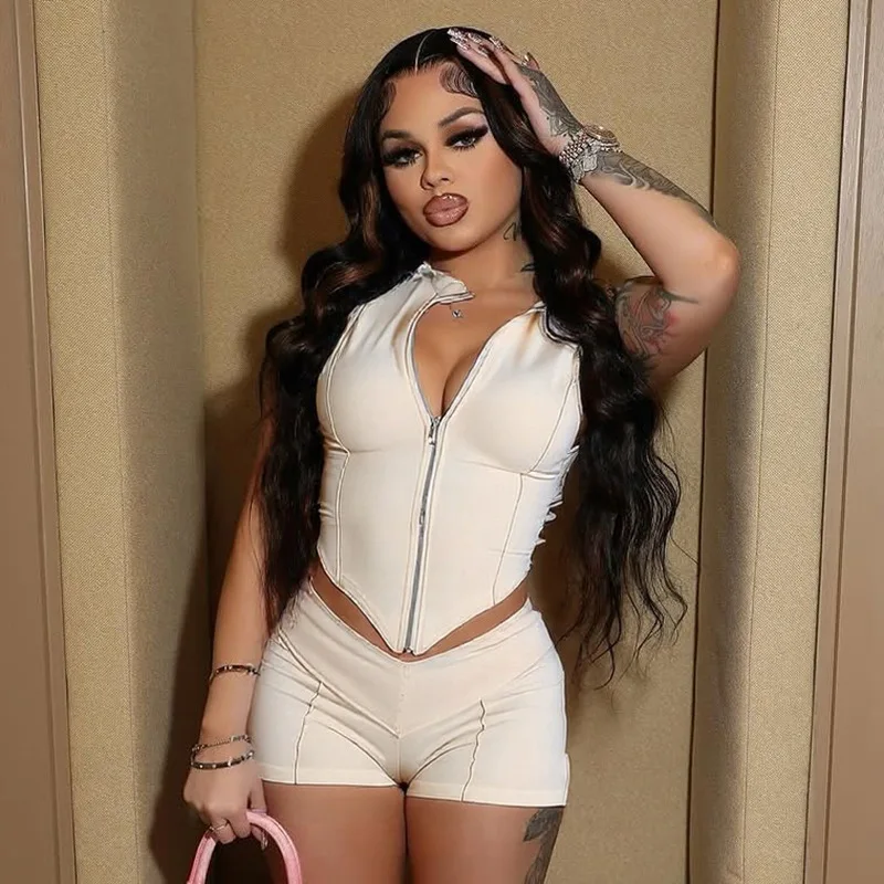 

Women's Spring and Summer Zipper Lapel Sleeveless Line Exposed Navel High Waist Close Fitting Shorts Set Conjuntos Cortos