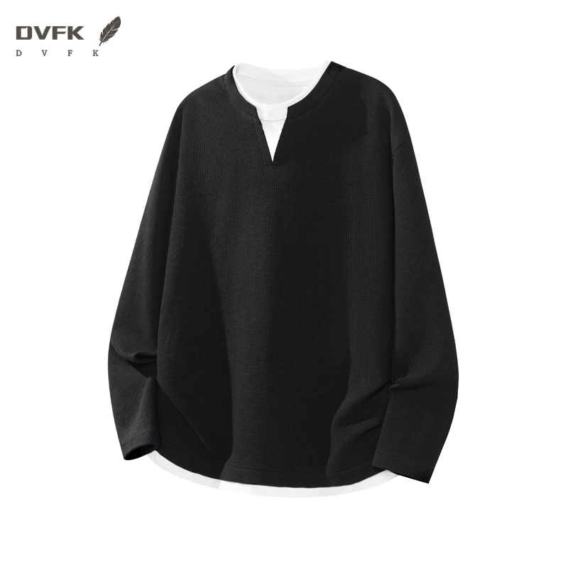 Men Fake Two Piece Long Sleeve Shirt Notch V Neck Waffle Knit Loose Fit Casual Daily Basic Top view 5