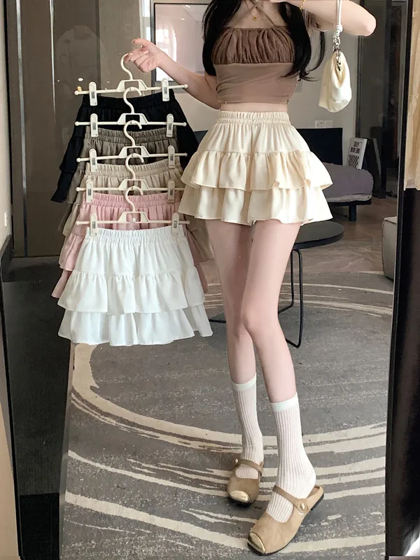 

2024 Summer New Short Skirt for Girls Korean Edition Sweet and Versatile Ruffle Edge Solid Color Elastic Waist Skirt