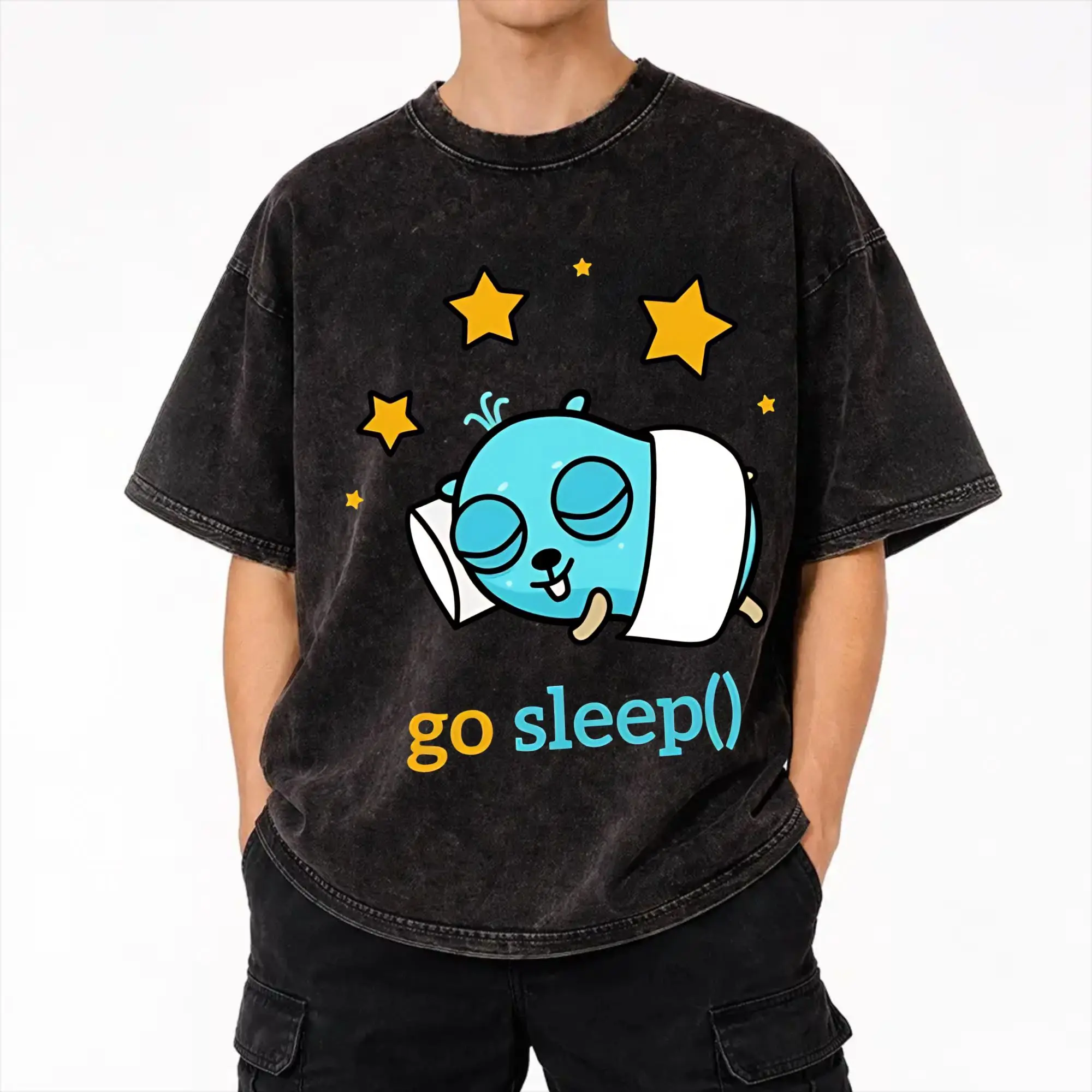 Harajuku Washed Shirts golang gopher sleep  Accessories Vintage T-Shirts Oversize  Streetwear Short Sleeve Summer Tops Tees