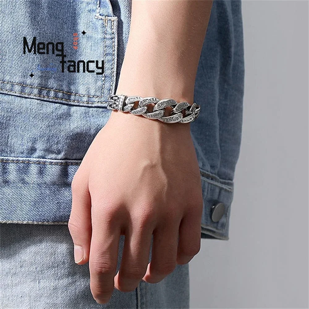 Men's Personalized Domineering Six-word Motto Peace Pattern Transit Silver Bracelet Vintage Chain Luxury Quality Fashion Jewelry