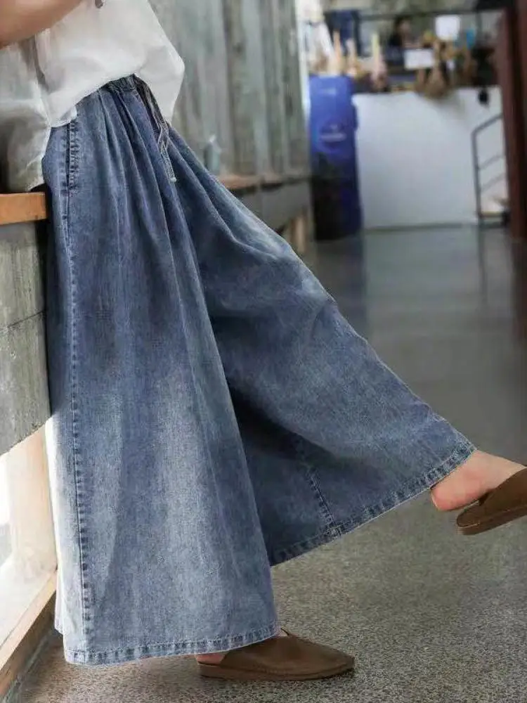 

Женские летние новые мешковатые широкие плиссированные джинсовые брюки, модная уличная одежда, большие синие джинсовые брюки в стиле ретро на шнуровке с семью точками