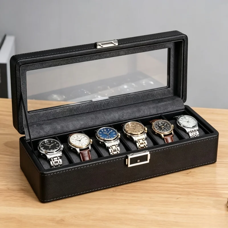 Unisex PU Leather Watch Organizer Box Portable Watch Display Storage Tray Collector Case For Home Countertop Display