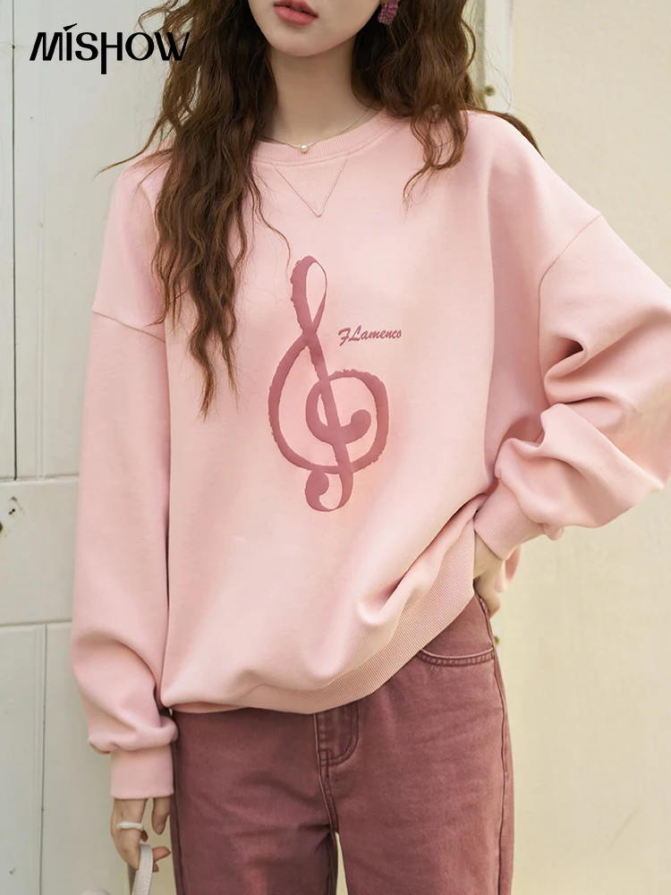 MISHOW Crewneck Pink Graphic Sweatshirt for Women 2024  Korean Casual Loose Sweatshirts Spring Autumn Pullover Tops MXD11V0075