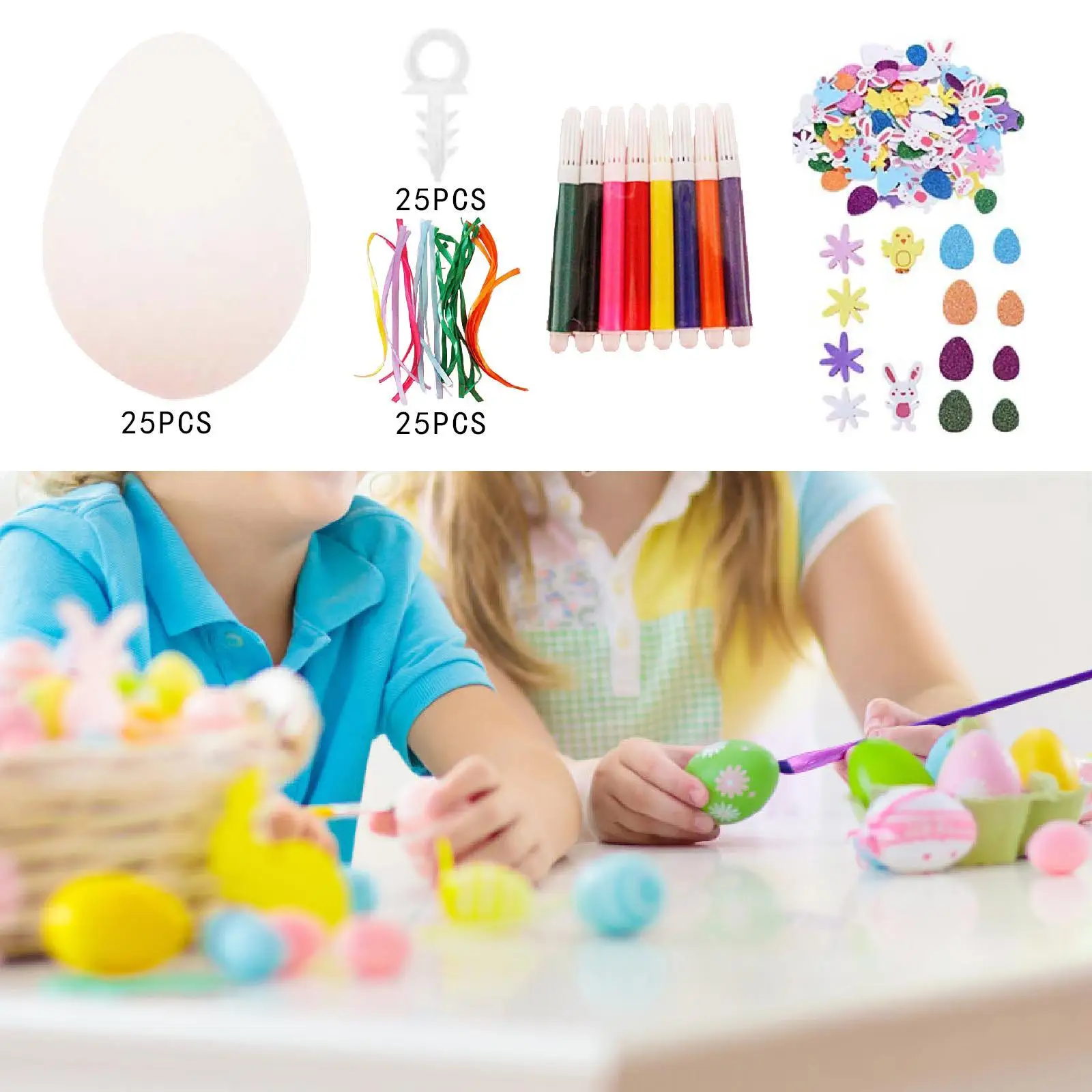 25 Pieces DIY Unpainted Easter Eggs Kit Decorative Classroom Activity Props with Ribbons and Insert Hooks Holiday Gifts Supplies