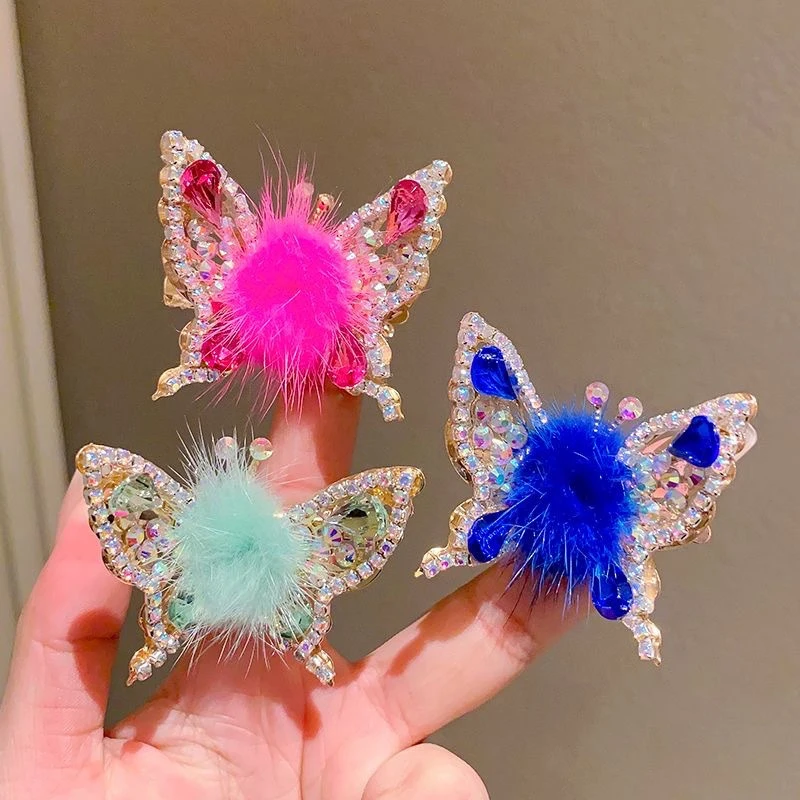 3D Movable Butterfly Hairpin Elegant Rhinestone Hair Clips For Women Fur Ball Barrettes Hair Clip Headwear Hair Accessories